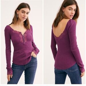 Free People To The West Ribbed Lace Trim Long Sleeve Tee Purple M